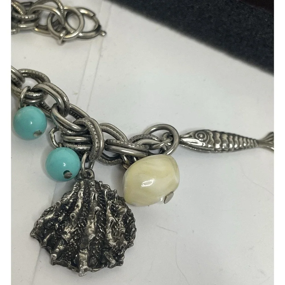 Vtg. German Seashell Charm Bracelet Silver Tone 7